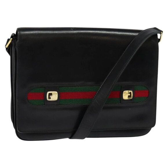 GUCCI Web Sherry Line Shoulder Bag Leather Black Gold